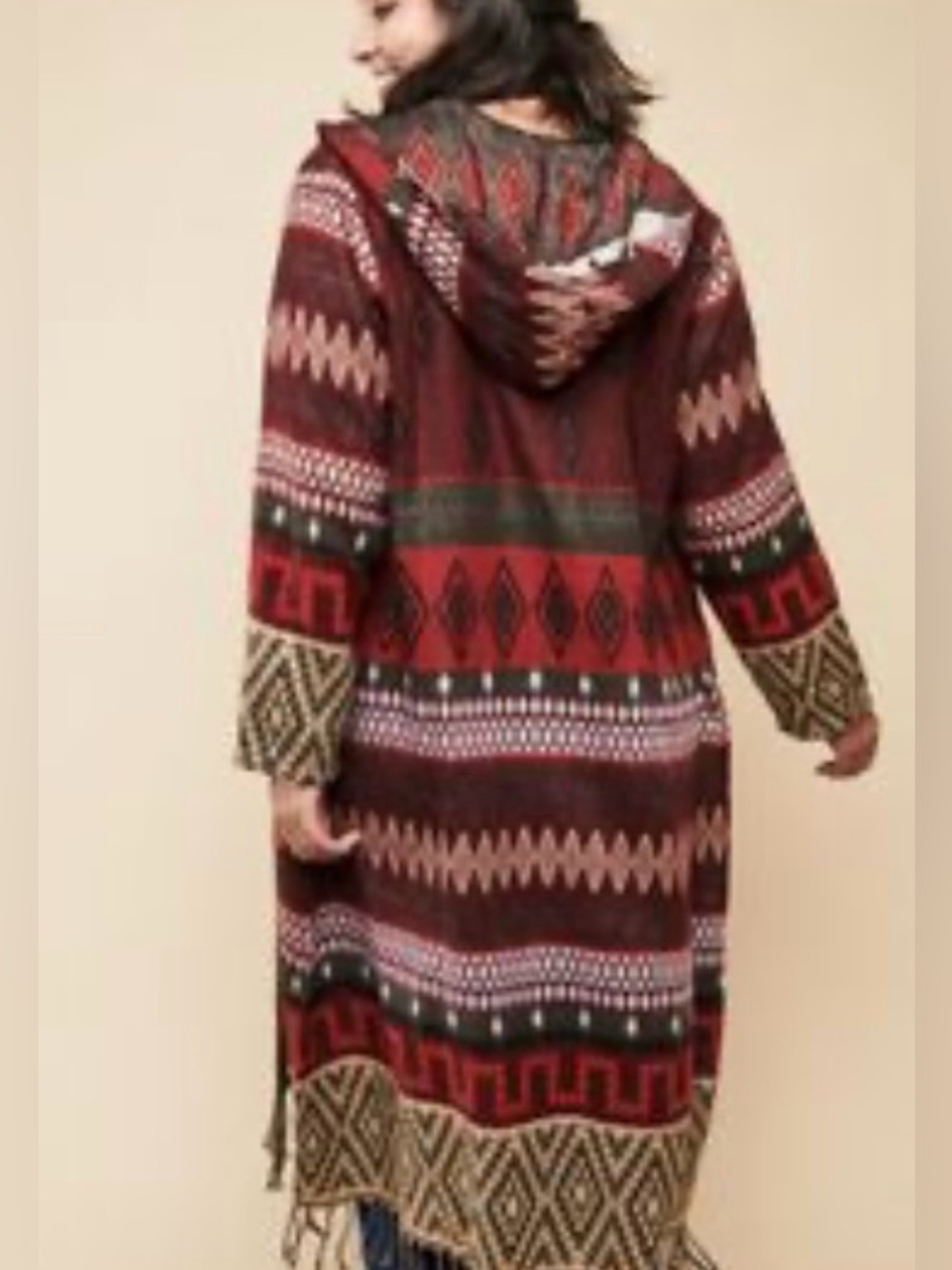 Earthbound Trading Company Long Hooded Cardigan Sweater Duster Fringed XL